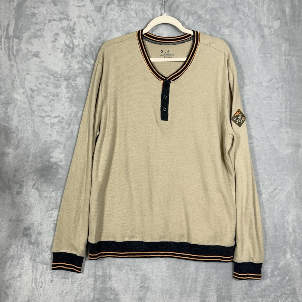 Psycho Bunny Shirt Mens XL Tan Waffle Knit Henley Long Sleeve Thermal Gorpcore